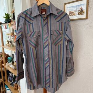 Vintage Men’s Rustler Western Stripe Snap Button Shirt // XL